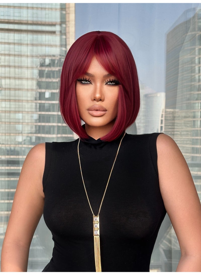 باروكة شعر بورجوندي أنيقة مع غرة جانبية للنساء - ألياف صناعية عالية الحرارة، مقاومة للحرارة، مثالية للارتداء غير الرسمي ومناسبات الحفلات. - Image 1